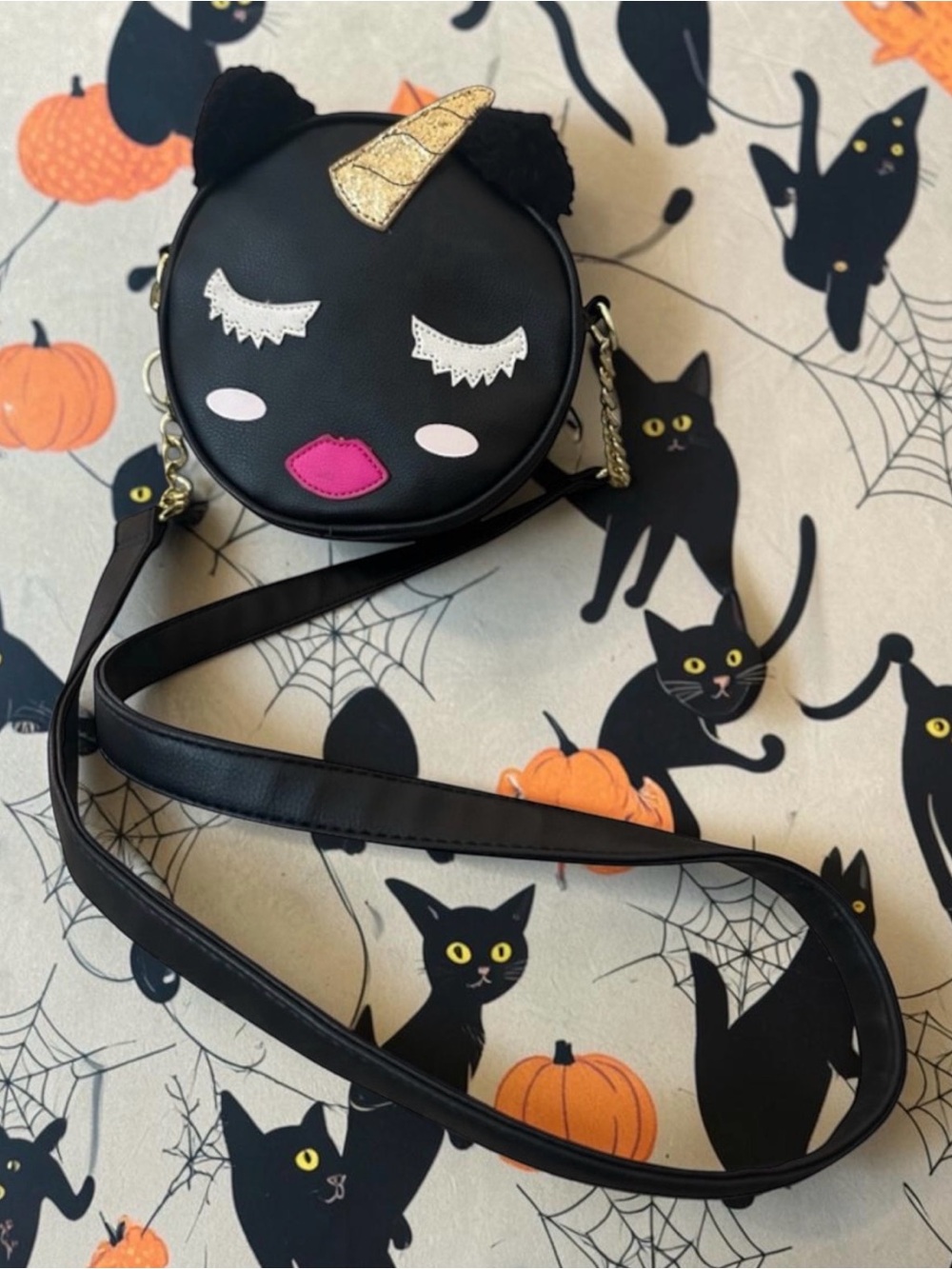 Betsey Johnson Black‎ Unicorn Cat Canteen Crossbody Bag NWT $53 MSRP Halloween - Picture 14 of 16